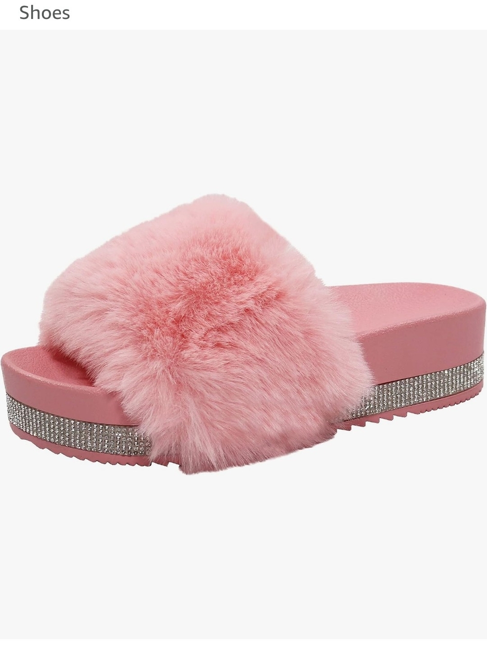 Amazon Pink Faux Fur Slide Sandals with Rhinestone Band